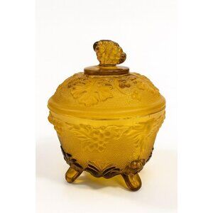 Amber Footed Sugar Candy Dish Jeanette Glass Harvest Grapes and Leaves Covered D